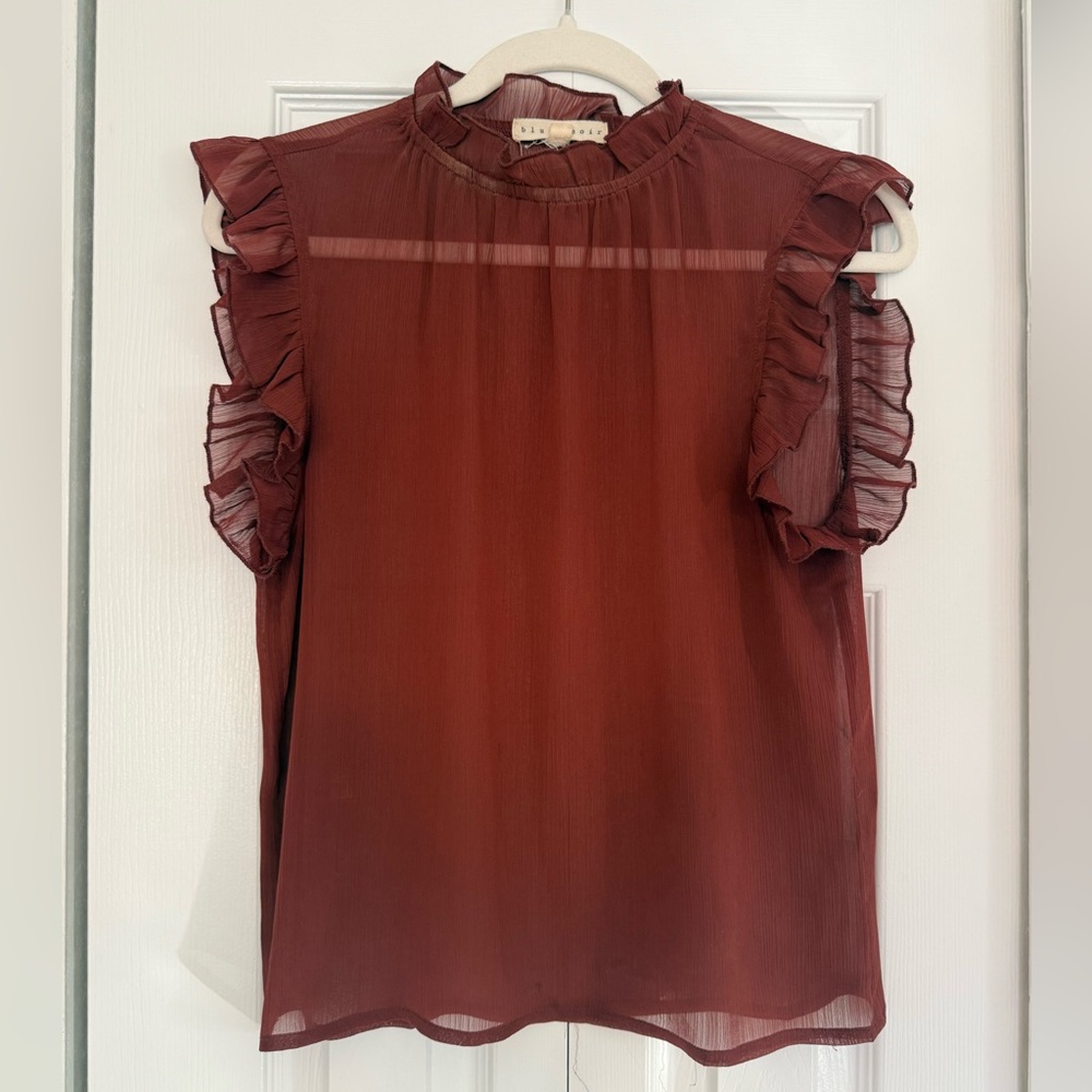 South Moon Under | Blush Noir | Ruffled Sleeve Sleeveless Sheer Blouse - Rust